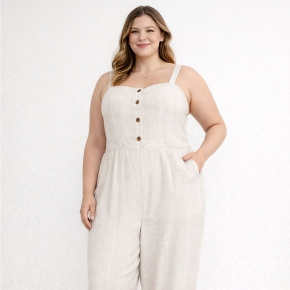 NWT Old Navy Linen Blend Button Front Cami Jumpsuit, Plus Size 3XL Neutral​